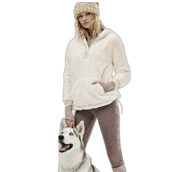 Free People Movement Off The Record Faux Fur Pullover Zip Hoodie in Beige M NWOT - Picture 1 of 16